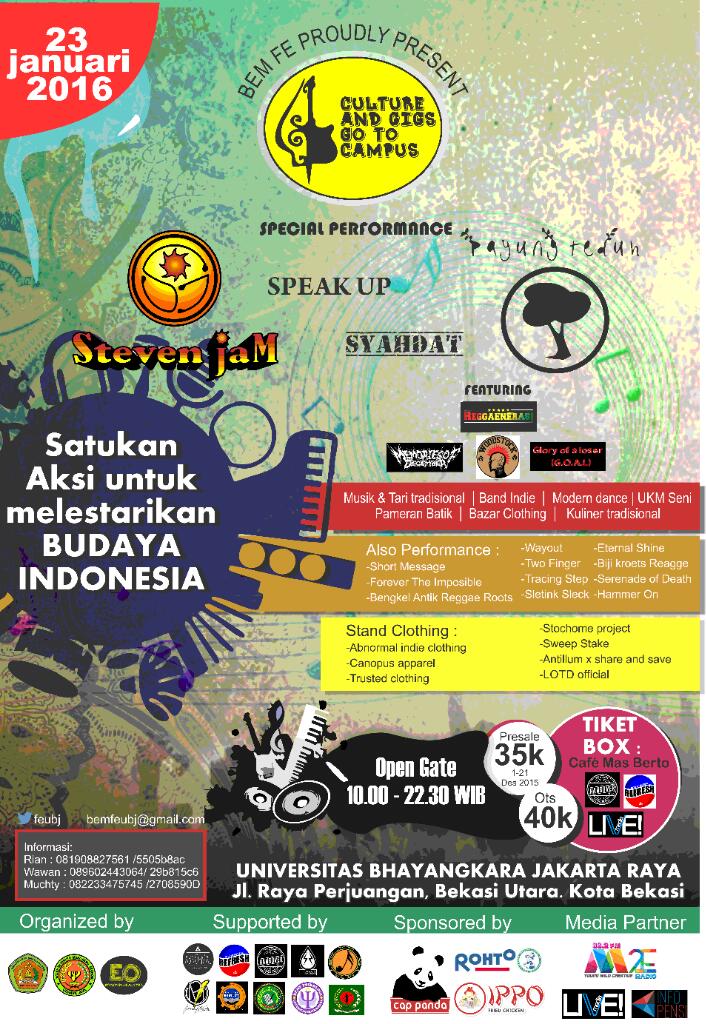 Satukan aksi untuk melestarikan budaya indonesia. <a href="/FEUBJ/">EkonomiOrganizer</a> <a href="/stevenjam/">Steven Jam Official</a> <a href="/payungteduh/">payungteduh</a> <a href="/InfoPensi/">INFO PENSI</a> <a href="/PENAMUDA_UBJ/">LPM PENA MUDA</a> #CGGC16