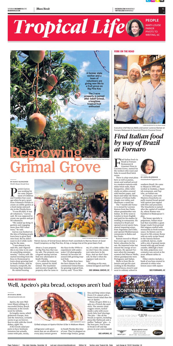 Today's <a href="/MiamiHerald/">Miami Herald</a> Tropical Life: Grimal Grove | <a href="/FornaroMiami/">Fornaro</a> | @ApeiroMiami | #NYE Dining | #Champagne | People