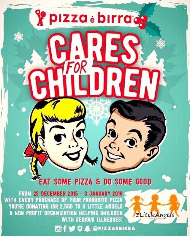 3_Little_Angels's tweet photo. Ajak kel makan pizza di @PIZZAeBIRRA yuk.Makan pizza enak sambil berdonasi u/ adik2 sakit melalui @3_Little_Angels. https://t.co/Hba5EAZEpi