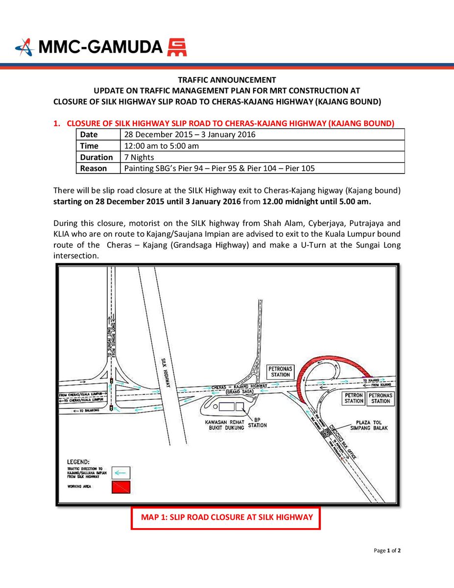 MRTMalaysia's tweet photo. CLOSURE OF SILK HIGHWAY SLIP ROAD TO CHERAS-KAJANG HIGHWAY (KAJANG BOUND) :  28 December 2015 – 3 January 2016 https://t.co/bjTLGdMvwE