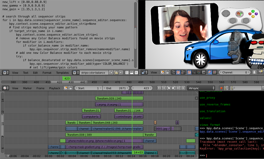 Botmasher's tweet photo. Needed to color balance hundreds of video strips at once. Blender + Python to the rescue! #Blender3D https://t.co/eV0AXl3eI3