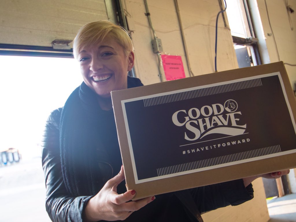 GoodShave's tweet photo. Great shot of @casiestewart dropping off our donation of razors to homeless shelters and food banks #shaveitforward https://t.co/fMb1GMeEEM