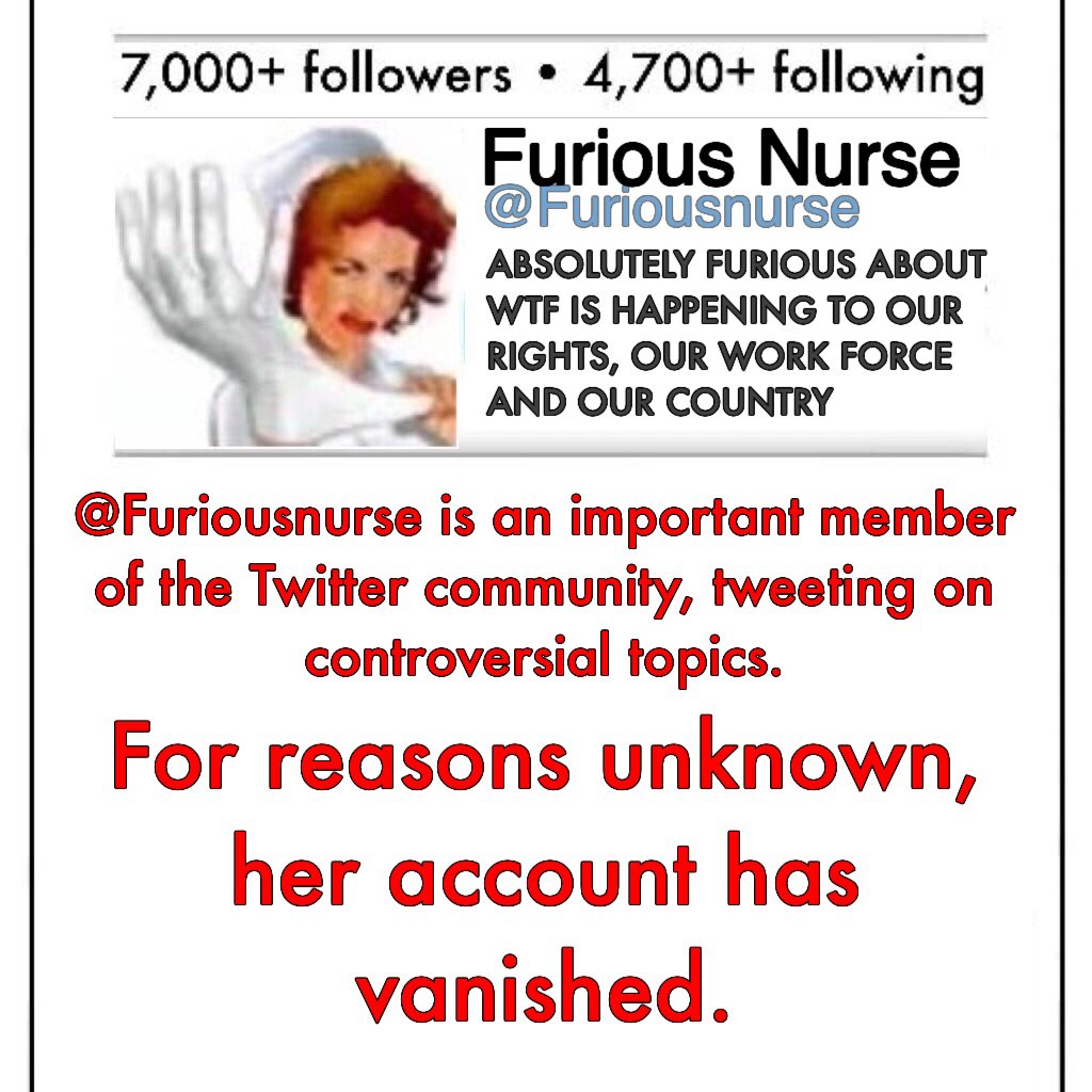 aHEM_again's tweet photo. ABSOLUTELY FURIOUS! | ..about what is happening to @FuriousNurse! @Twitter, please reactivate her acct! @TKrypt_ RT! https://t.co/xgJIq0sLir