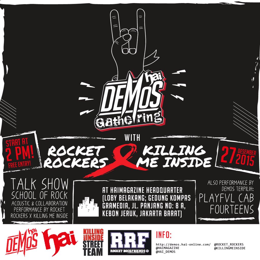 rocket_rockers's tweet photo. yuk merapat FRIENDS! hari ini ke @HaiMagazine HQ #haidemosgathering #haixrrkillms @KILLINGMEINSIDE FREE ENTRY 2pm https://t.co/E7NNrBMgXF