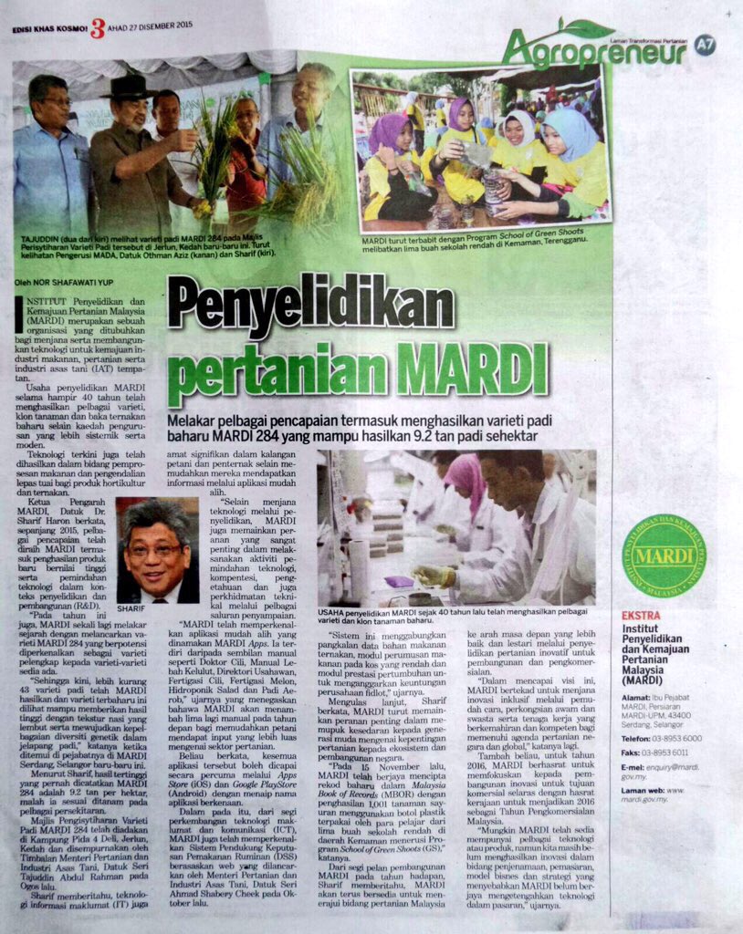 mardimalaysia's tweet photo. MARDI lakar pelbagai pencapaian termasuk hasil varieti Padi MARDI 284 mampu hasil 9.2 t/ha -@kosmo_online 27/12/2015 https://t.co/ylAJmjSPMI