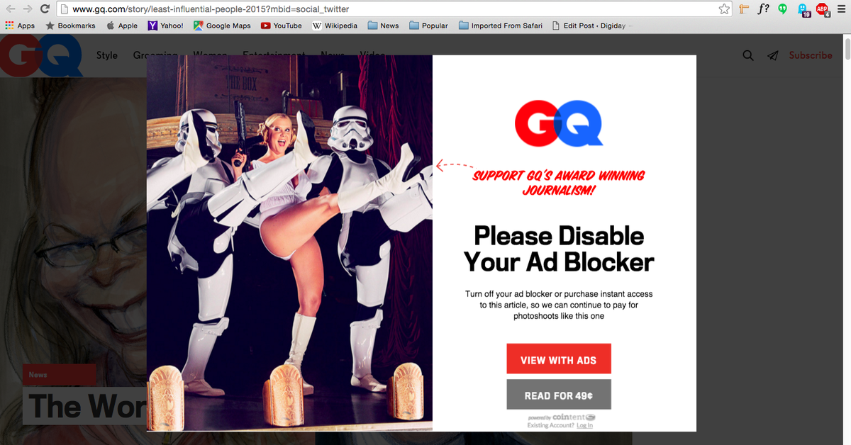 Digiday's tweet photo. Gloves are off: Now GQ is blocking ad blocker users from accessing its site. https://t.co/Vo38ph0gnP https://t.co/Q65MjM0oAb