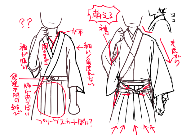 逆名 בטוויטר 最近のやつ 前のと重複するところもあるけど 男性袴姿正面で萌える感じとえーってなる感じ 袖を描くときのざっくりイメージとして とりあえず普通に腕を下ろした時 袖は四角い布が肩から垂れ下がってるのを想像するとわかりやすいと思います T