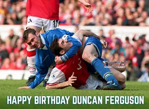 Happy birthday Duncan Ferguson, what a man, here he is trying to help Martin Keown up 