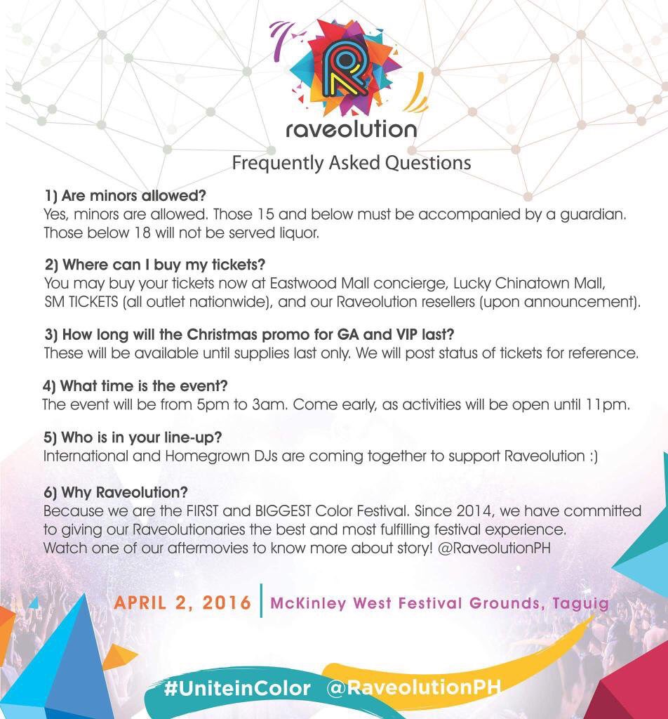 Raversmanila's tweet image. FAQs are up! Please help share and spread the word! 😊 #RaveolutionPH #UniteinColor