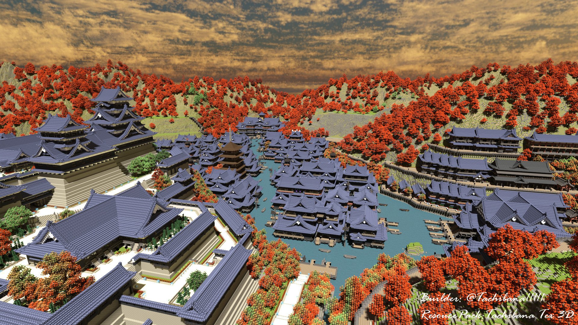 Tachibanatex3d ファンタジー和風 をテーマにminecraftで作成した渓谷都市 湖上都市 お城が完成しました 現実には存在しない和風の街を目指して作りました 作成期間は2年5ヶ月 メインのテクスチャは自作 完成記念にワールドの全景をどうぞ