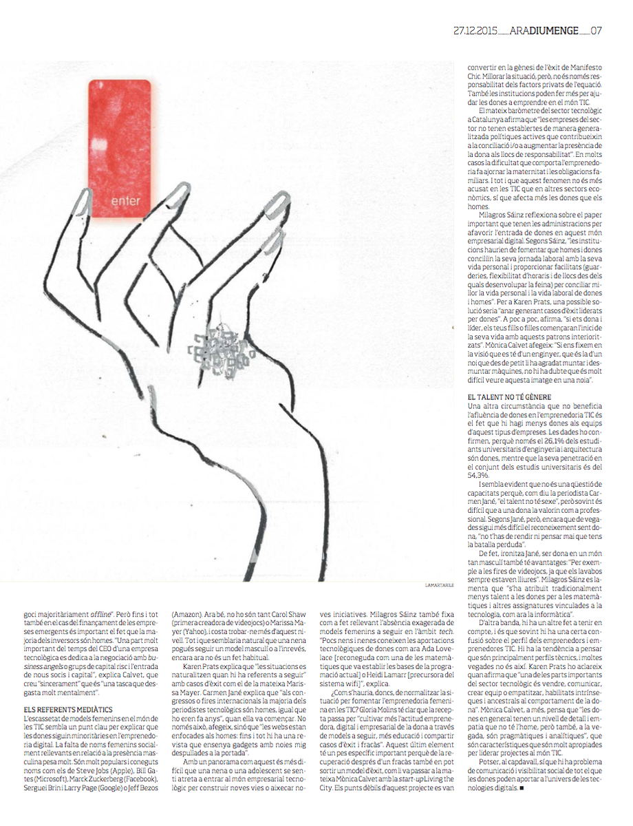 Avui al suplement del <a href="/diariARA/">diariARA</a> tobareu a <a href="/Brainings/">Karen Prats</a> <a href="/trip4real/">Trip4real</a> <a href="/manifestochic/">Manifesto Chic</a> on parlem de les dones al món tech.