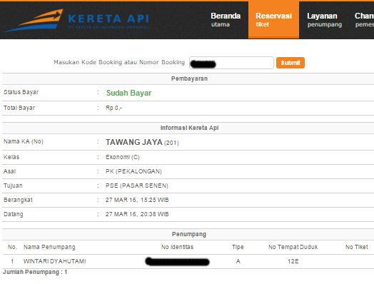 pemesanan 27 maret:
Tawang Jaya aman :)
<a href="/KAI121/">Kereta Api Indonesia</a>