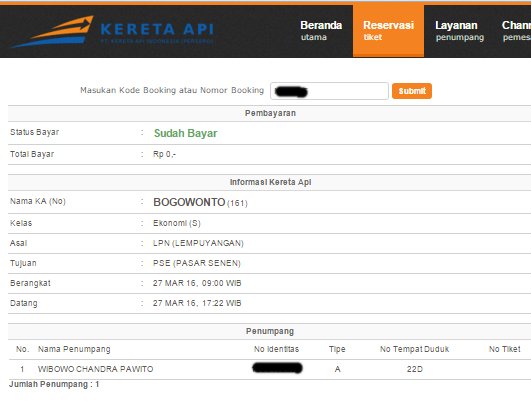 pemesanan 27 maret:
Bogowonto sub kelas S aman :)
<a href="/KAI121/">Kereta Api Indonesia</a>