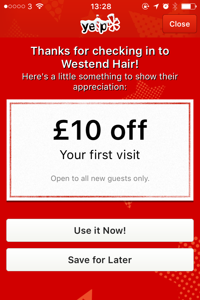 yelpglasgow's tweet photo. It's the #checkinoffer of the week! Get £10 of your first visit to @WestendHair1 when you check in on the Yelp app! https://t.co/GRcjQeCmkI