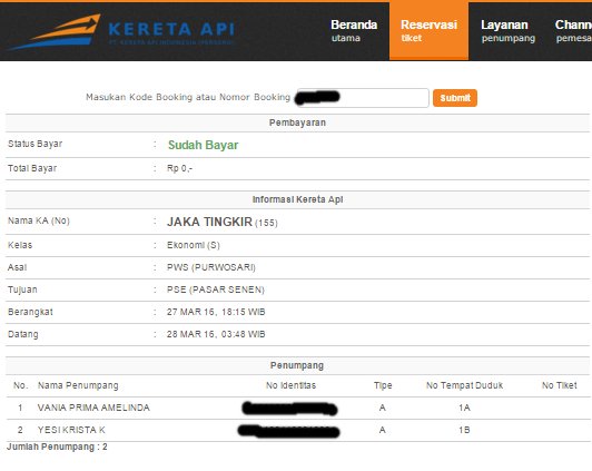 pemesanan 27 maret:
jaka tingkir sub kelas S aman :)
<a href="/KAI121/">Kereta Api Indonesia</a>