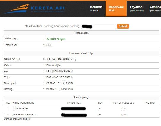 pemesanan 27 maret:
jaka tingkir sub kelas Q aman :)
<a href="/KAI121/">Kereta Api Indonesia</a>