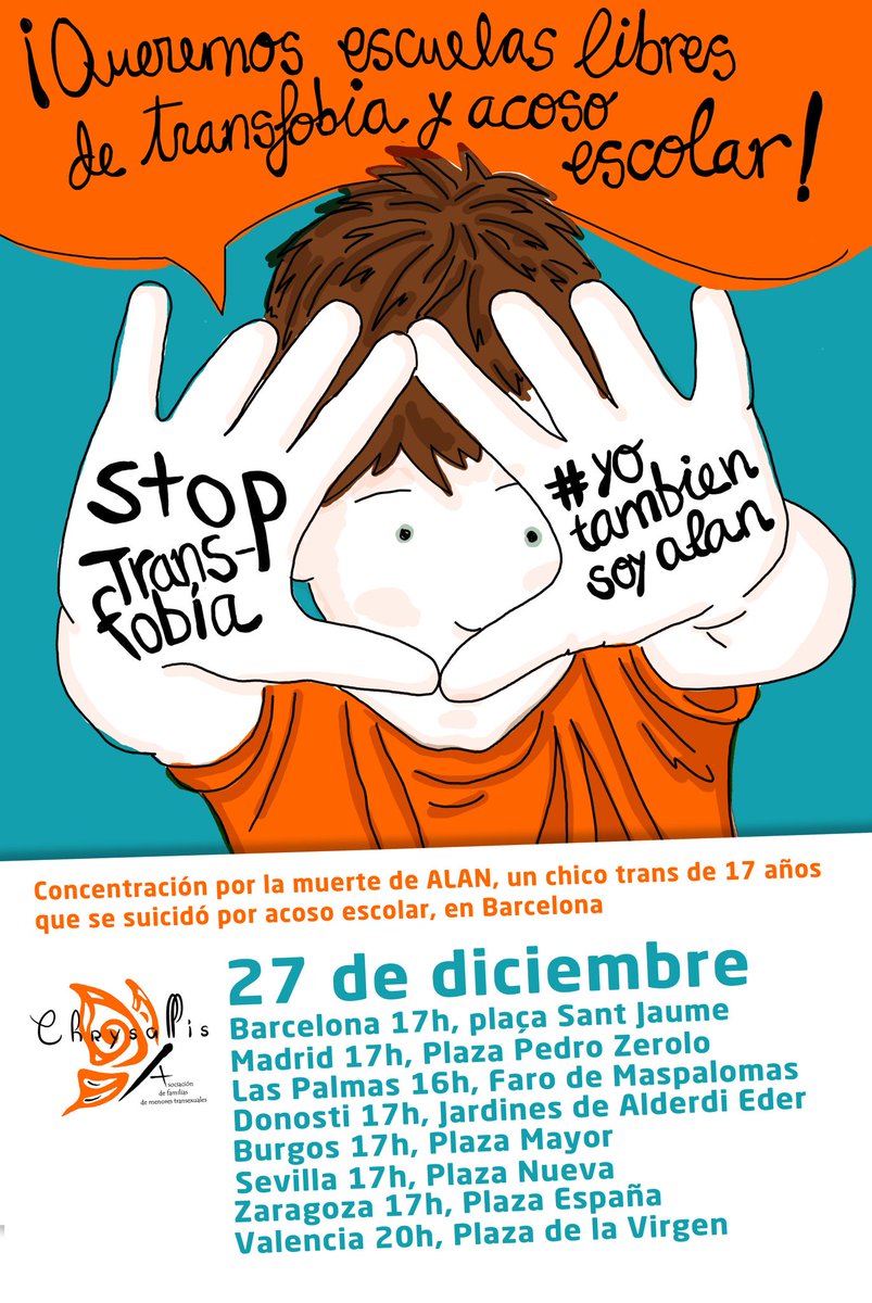 DRYmadrid's tweet photo. Concentraciones #YoTambiénSoyAlan 17h hoy en repulsa a su asesinato social, contra la transfobia y el acoso escolar https://t.co/LartzbAUKE