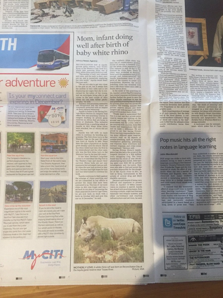 AquilaSafaris's tweet photo. In this weeks Cape Times our #rhinobaby is getting some exposure #rhinoreproduction https://t.co/c9Ym1OAUHc