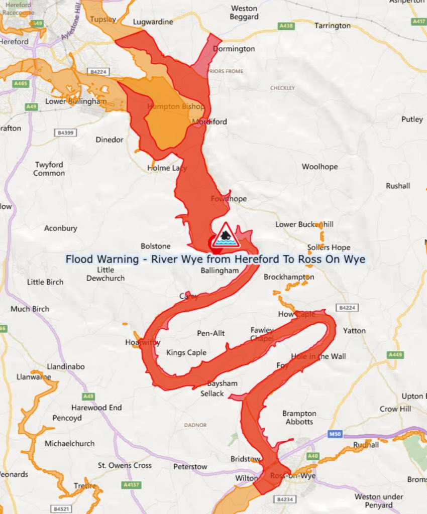 FLOOD WARNING - River Wye Hereford to Ross. Rising again and levels already raised. Peaking at Ross overnight.