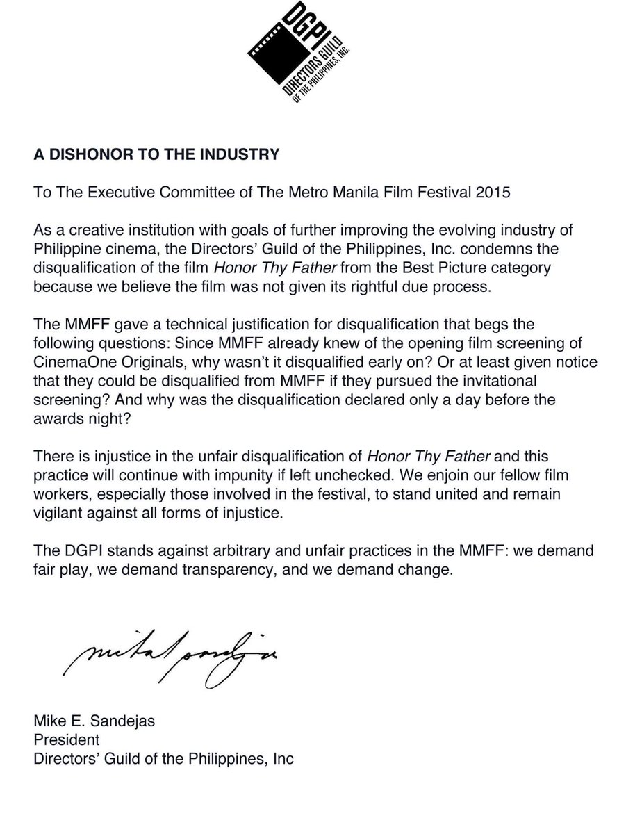 CesarApolinario's tweet image. DGPI&apos;s statement on the disqualification of Honor Thy Father in the Best Picture competition. #MMFF #DGPI