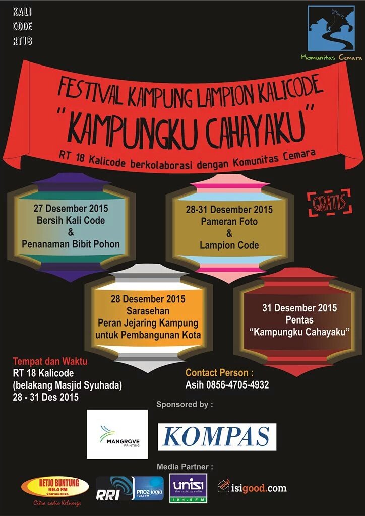 infoseni_'s tweet image. Pesta Akhir Tahun Kini Hadir #kalicode #jogja #Festival Kampung #Lampion | 27-31 Des 2015