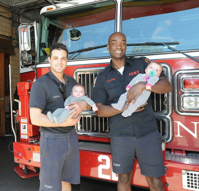 FDNY's tweet photo. Todayโs #FDNY150 photo - FDNY members greet NYโs cutest at Open House event at #Engine76 & #Ladder22 on #UWS https://t.co/DozkQlFUaf