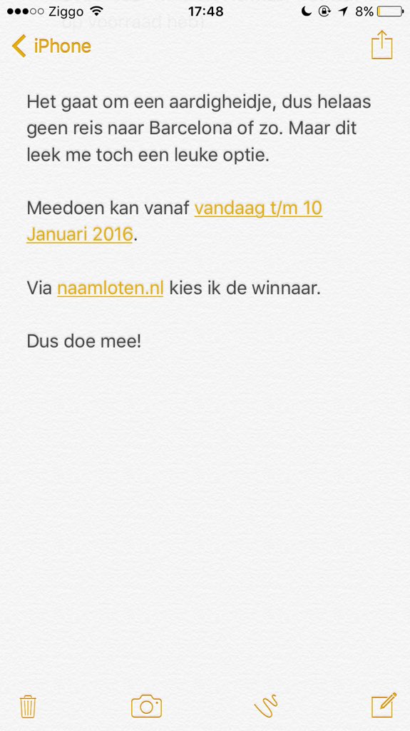 WINACTIE. RT en doe mee! 
 
Het betreft een aardigheidje. Dus verwacht geen reis naar Barcelona. :)