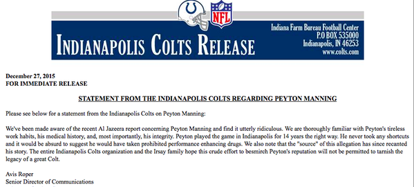 ESPNNFL's tweet photo. The Colts have released a statement in support of Peyton Manning. https://t.co/PODHwSSrN2