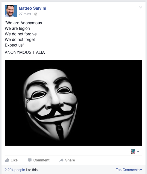 SuonatoreJones's tweet photo. Hacked la pagina Facebook di @matteosalvinimi #anonymousita https://t.co/qPhcYZFHvV https://t.co/3wULBTyKAJ