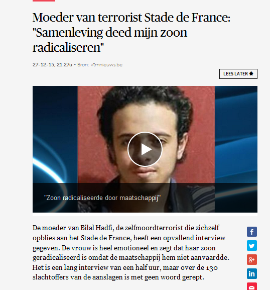 Mirjam152's tweet photo. "Mijn zoon heeft eigenlijk niemand anders kwaad gedaan", aldus moeder terrorist Parijs. https://t.co/Ovmjwm75bs https://t.co/0wBlpvLtHn