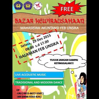 Bazar Fakultas Ekonomi dan Bisnis UNSIKA
Bazar terbuka untuk umum (FREE).
Ada live accoustic and dancenya lho.