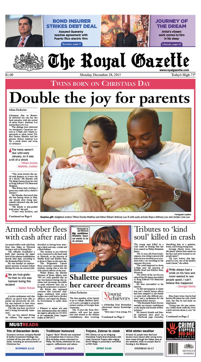 TheRoyalGazette's tweet photo. Good morning Bermuda, here is Monday's @TheRoyalGazette front page
#Bermuda https://t.co/ax8IkVHyLq
