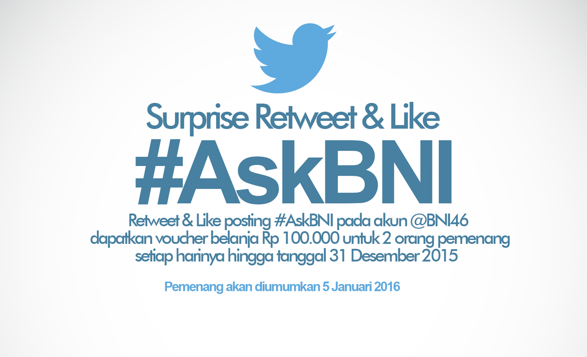 BNI's tweet photo. Yuk, ikutan Surprise Retweet &amp; Like konten #AskBNI, dan rebut hadiah voucher belanja sebesar Rp 100 ribu https://t.co/JntZEju0pz