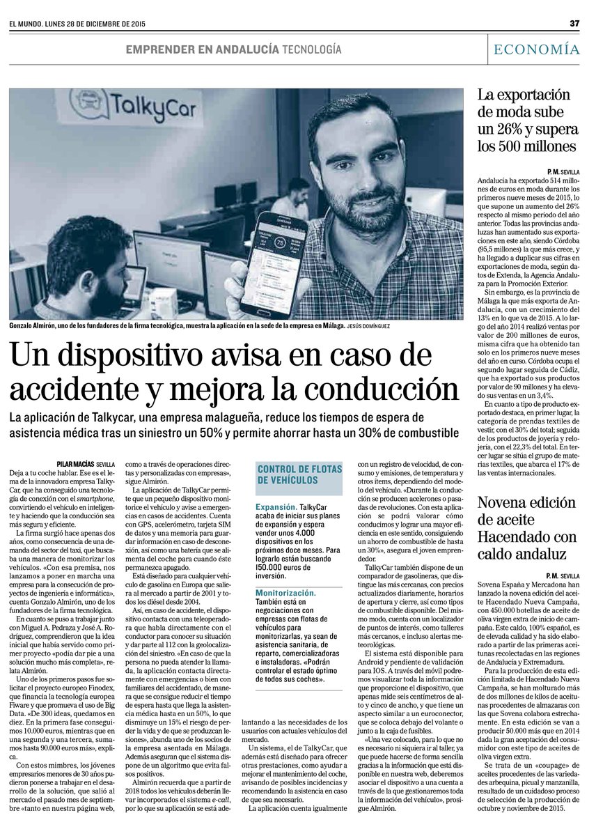 TalkyCar_app's tweet photo. "Un dispositivo avisa en caso de #accidente y mejora la conducción", titular del reportaje a @TalkyCar en @elmundoes https://t.co/zbp3jFQXsO
