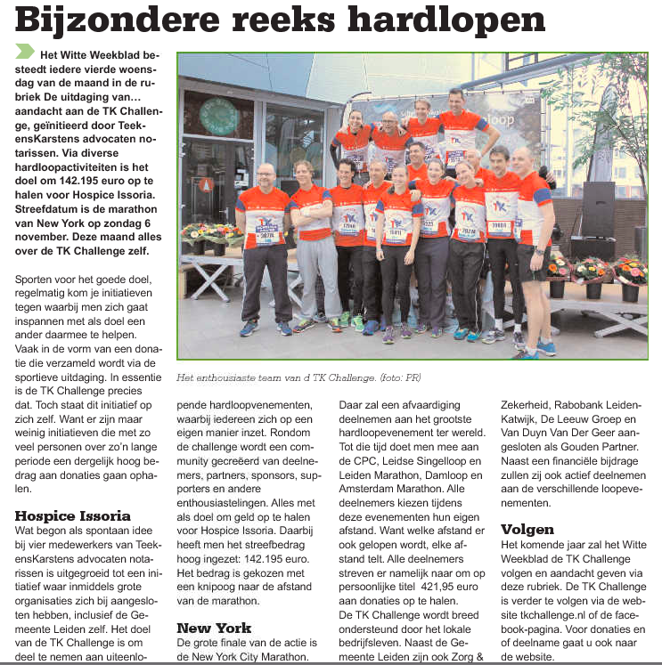 Leuk artikel in het Witte Weekblad Leiden #tkchallenge #hospiceissoria Op naar € 142.195