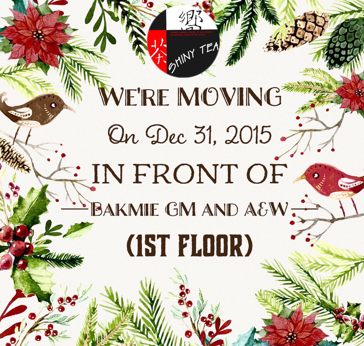 Hi there, Shinytea yg di Mall Of Indonesia mau pindah rumah ni 31 Dec 2015. Ke dpn Bakmie GM / A&amp;W Lt.1, See ya :)