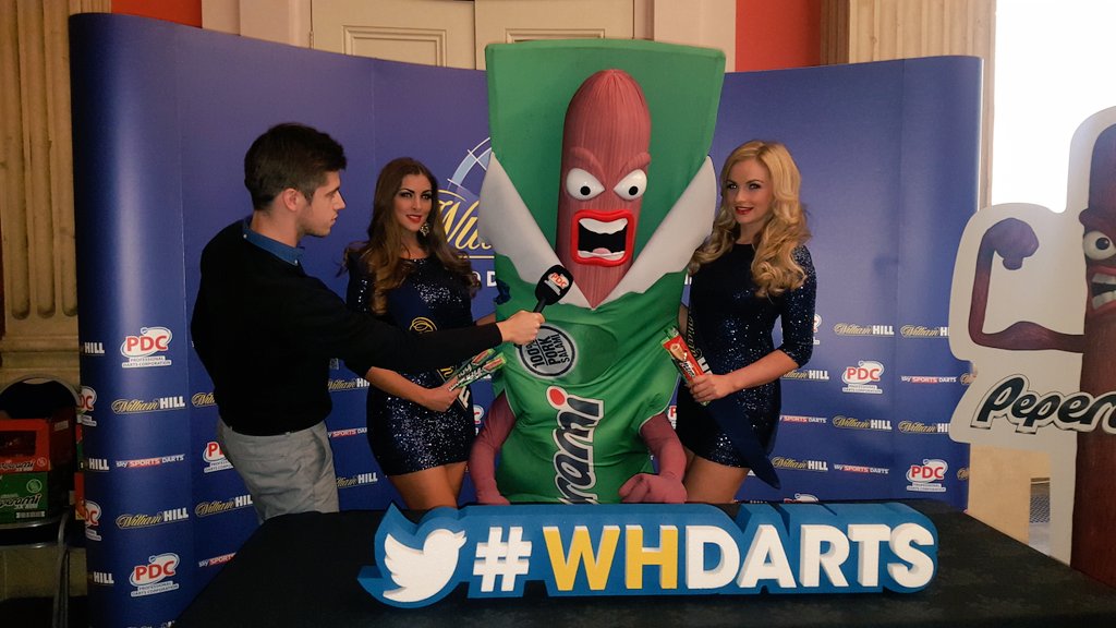 Peperami's tweet photo. BOSH! ME the living legend had the lovely @WillHillBet ladies at my MEATY presser! #WalkOnTheDartsSide @OfficialPDC https://t.co/gHgpwyBZOT