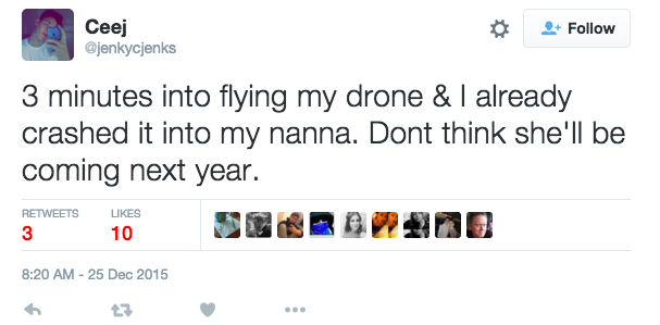 michelev83's tweet photo. ‘Tis the Season for Crashing… https://t.co/zcMEa1SYVI #GearGadgets #Christmas2015 #christmasgifts #crashingdrones https://t.co/ELPrdMoW5E