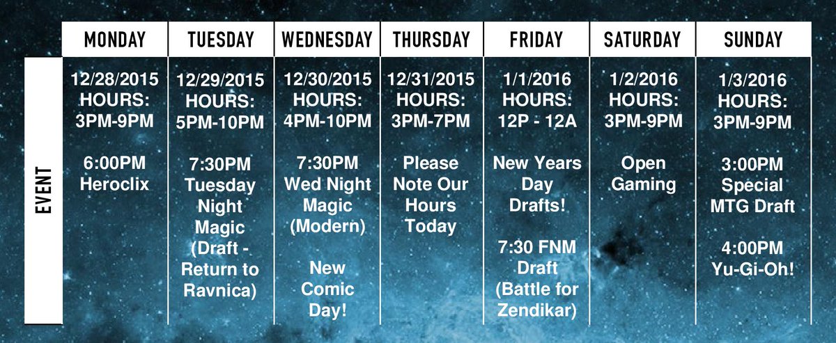 AHiddenFortress's tweet photo. Our weekly schedule!  Oath is coming soon!! Have a safe New Year!!  #MTG #FNMTG #MTGRTR #Yugioh #Newyear #MTGOGW https://t.co/eYN1ajLqmY
