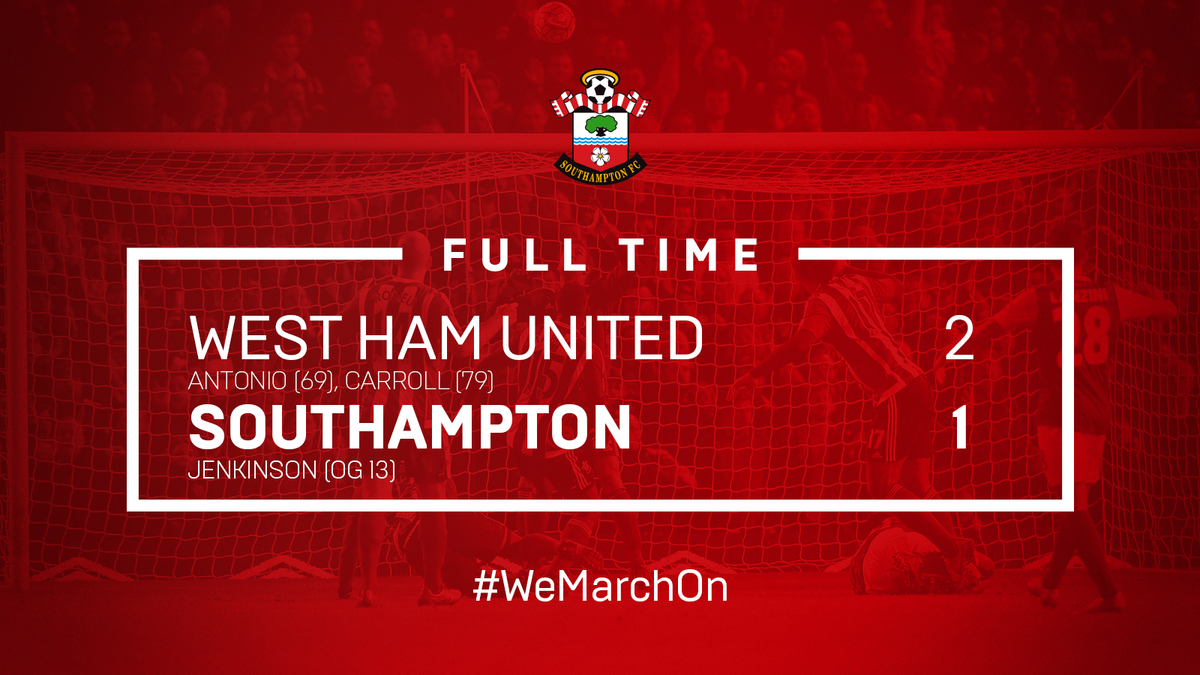 SouthamptonFC's tweet photo. FULL TIME: #WHUFC 2-1 #SaintsFC 

Defeat for @RonaldKoeman's side in their final game of 2015. https://t.co/MvWpsflXNF