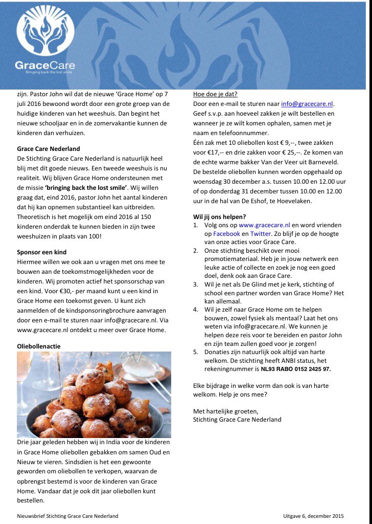 #Nieuws over tweede weeshuis Grace Care. En oliebollen bestellen kan nog! Wij wensen jullie een fijne jaarwisseling!