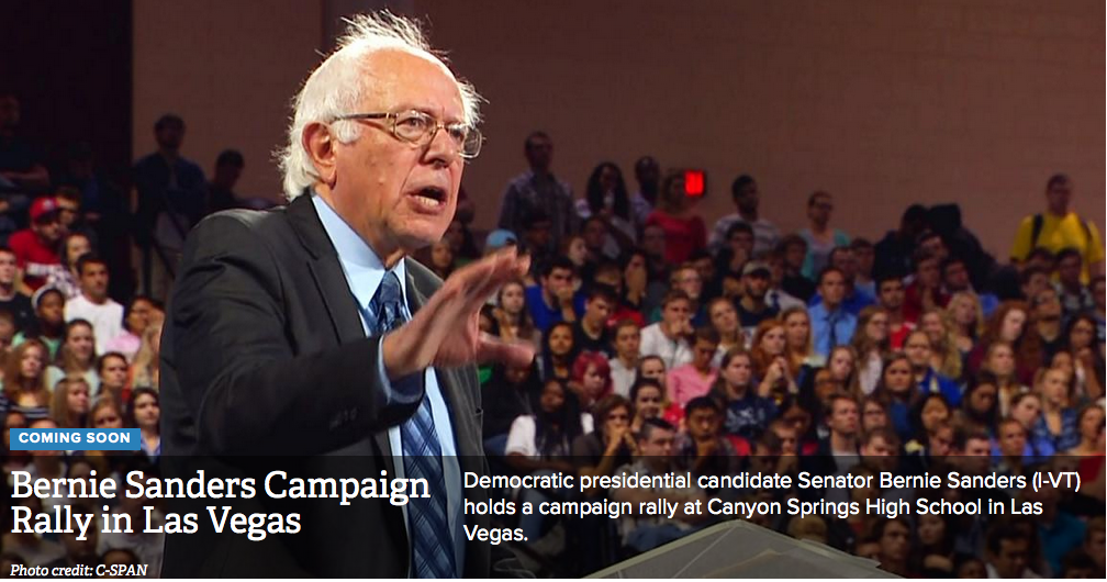 cspan's tweet image. TONIGHT: @BernieSanders Campaign Rally in Las Vegas, NV – LIVE at 9:30pm ET online here: cs.pn/1YNGUZB