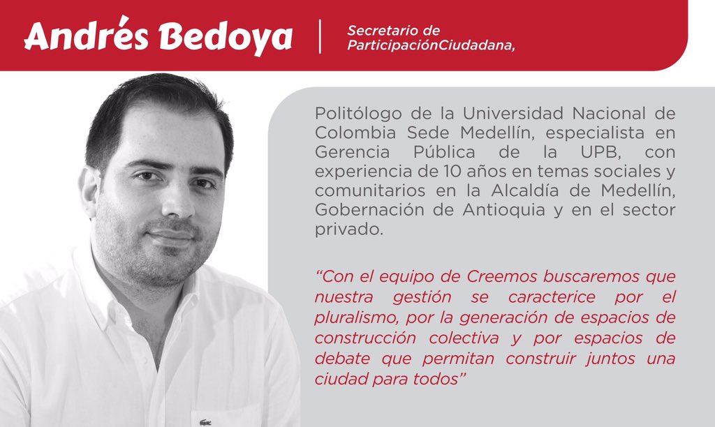 FicoGutierrez's tweet photo. El nuevo Secretario de Participación Ciudadana será Andrés Bedoya. Bienvenido al equipo! https://t.co/R07hZclU6T