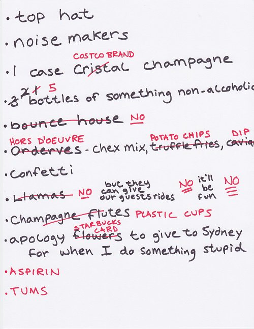 RichelleMead's tweet photo. Adrian's New Year's Eve shopping list, edited by Sydney for cost and efficiency. https://t.co/vS5egW7oAt
