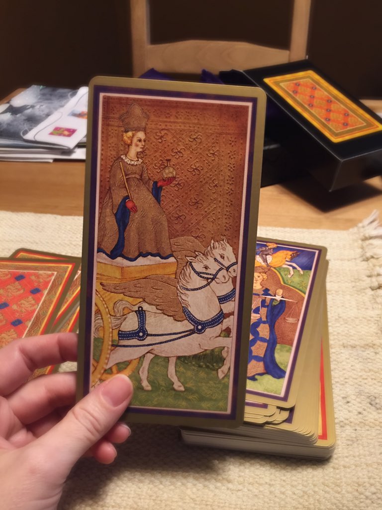 mothandcandle's tweet photo. I'm instantly bonding w/ The Golden Tarot #Visconti #Sforza deck from @RacePointPub #TheChariot https://t.co/HgHpeYJFYO