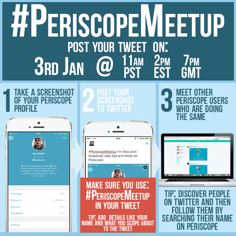 Alexpettitt's tweet photo. A new way to meet Periscopers and promote your #Periscope channel. Come join #PeriscopeMeetUp on the 3rd of Jan: https://t.co/cLPzdz0w3o