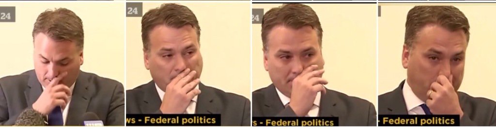 SaraJade_13's tweet image. #JaimeBriggs His version of HK incident.Covers the mouth 2 cover the lies.Nose touching/ pulling #blanguage #auspol