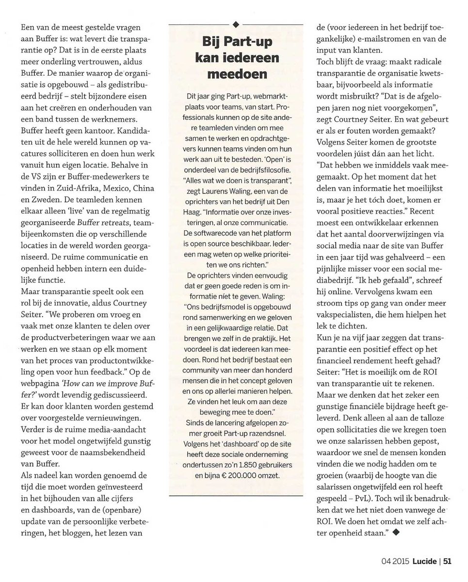 laurenswaling's tweet photo. Nice! Part-up mentioned as a radical open and transparant #startup in this article in #Lucide. #NVTZ #Partup #Buffer https://t.co/jj0qDDzYLn
