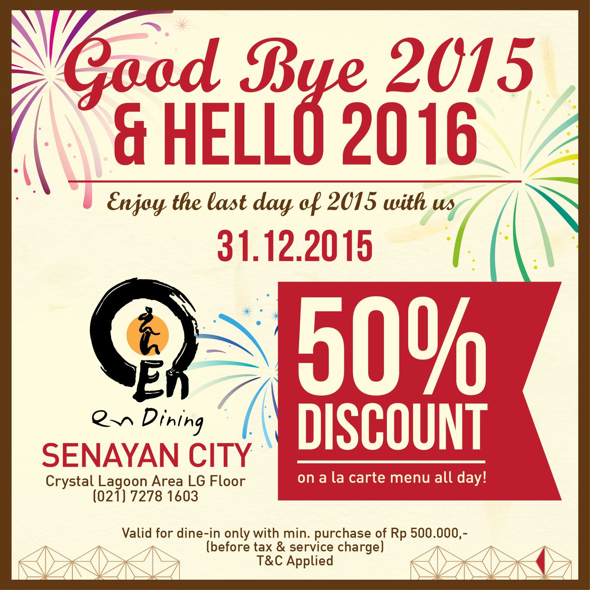 EnDining's tweet image. Get 50% Discount on Food at the end of this year!
Only at En Dining Senayan City
Book your table at 021 72781603