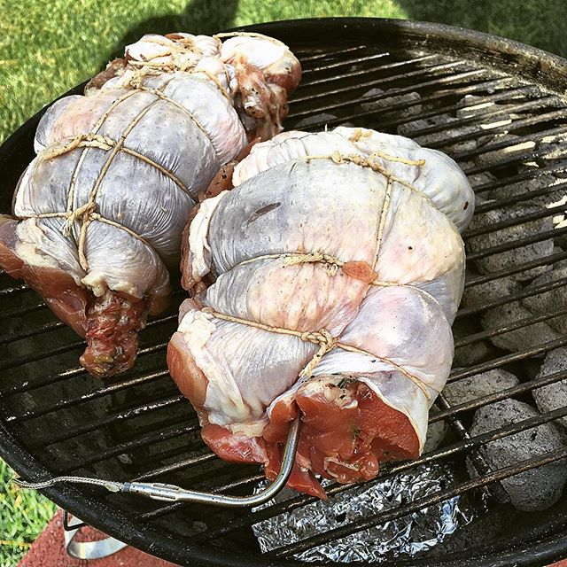GrillingOnWeber's tweet photo. Boned out turkey legs, stuffed with sweet sausage, gizzards &amp; herbs, on the smokey Joe https://t.co/1ksbQ1Q2DO